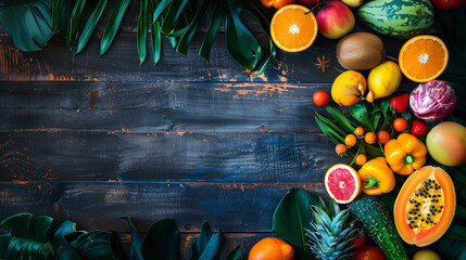 Naklejka premium Colorful tropical fruits on a wooden table. Summer, healthy eating. 