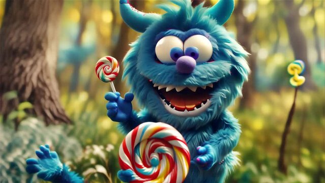 A playful blue furry creature with big eyes holding lollipops, set against an enchanted forest backdrop, exuding a magical whimsy
