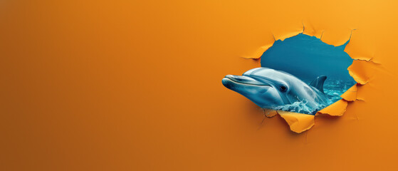 The artwork showcases a dolphin leaping with dynamic splashes, contrasting against an orange...