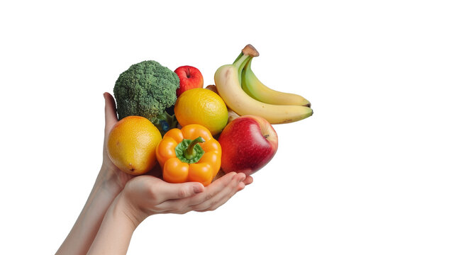 A hand is holding a bunch of fruits and vegetables, including bananas, apples