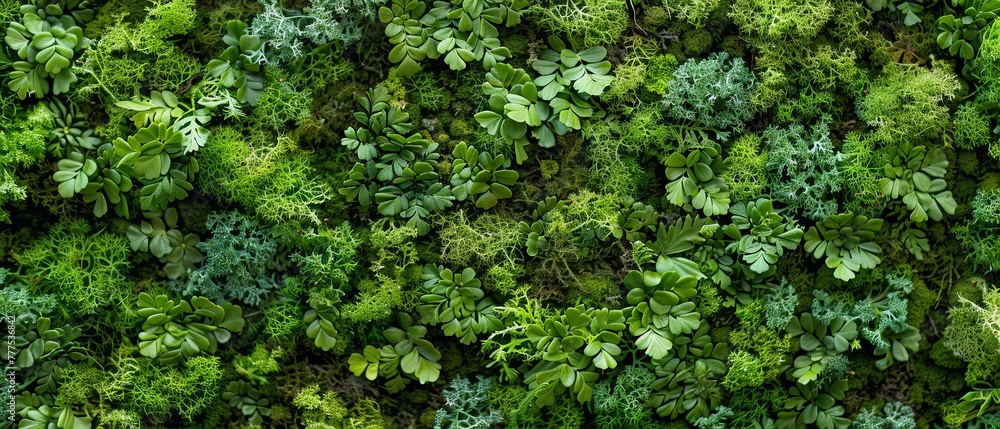 Poster this is a close up of the surface of the wall covered with green moss. it is made of colored stabili