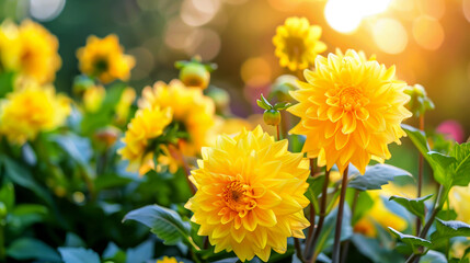Obraz premium Beautiful yellow dahlia flowers bloom in the botanical garden. Landscape design concept.