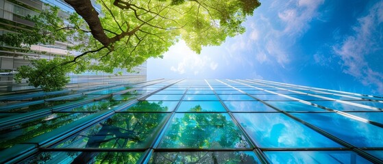 Buildings with green environment in the modern city. Sustainable glass office buildings with trees. Corporate buildings with green environment...