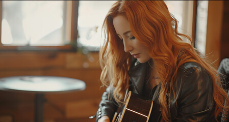 A young woman with long red hair in a leather jacket plays an acoustic guitar in a restaurant.