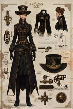 Character sheet concept image for a steampunk magician, featuring intricate gadgetry, Victorian-era inspired attirehyper realistic, low noise, low texture, futuristic style