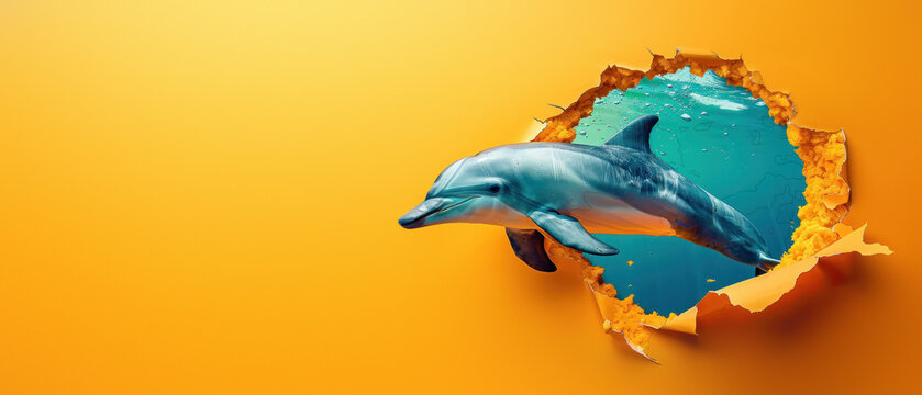 A playful dolphin appears to break through a vibrant orange wall, creating a striking visual illusion of freedom and escape