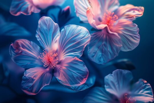 Abstract flowers in blue and pink colors, made of glass with light refractions, floating in the air, double exposure photography Generative AI