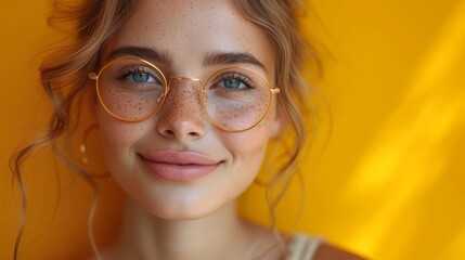   A woman dons freckled hair and wears gold-rimmed glasses, revealing a freckled complexion on her face - obrazy, fototapety, plakaty
