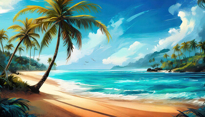 Fototapeta na wymiar Vibrant illustration of a tropical paradise with sandy beach, palm trees and turquoise water.