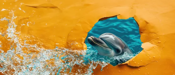 Fototapeten An energetic dolphin splashes water as it leaps through a hole in a paper-like orange background © Fxquadro