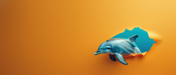 A playful dolphin seems to break through a bright orange background through a torn paper effect