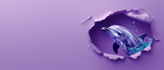 A serene dolphin peeks through a bold purple paper cut-out, creating a peaceful yet striking image