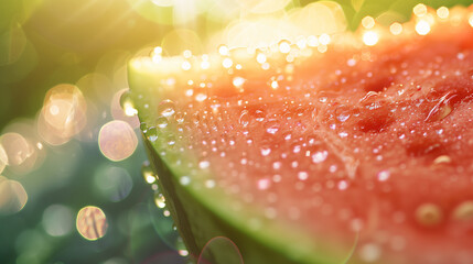 A close-up of a juicy watermelon slice with droplets of water glistening in the sunlight. Summer...