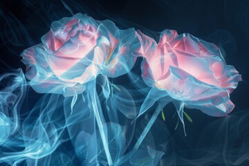 Flowers in the style of xray photography, with light blue and pink colors, using digital art techniques, with glowing colors Generative AI