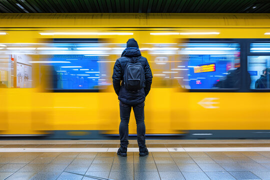 A man waits in a subway station, a blurred train passes quickly in front of his eyes.