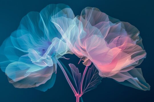 A double exposure of two flowers, one in blue and the other pink, with light cyan abstract shapes in the background Generative AI