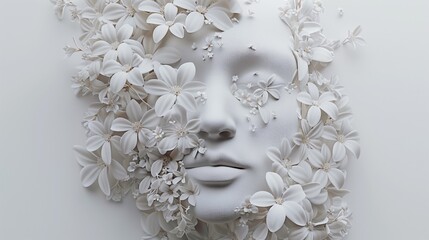 Serene three-dimensional face surrounded by white flowers