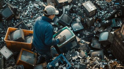 Person sorting through electronic waste holding an old computer monitor. - obrazy, fototapety, plakaty