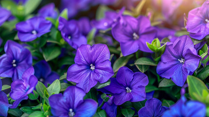 Beautiful blue periwinkles bloom in a flowerbed in the garden. Floral background.