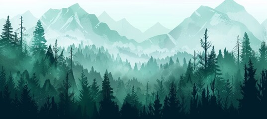 forest landscape with mountains, green pine trees and foggy sky background. Nature scenery banner with silhouette trees for travel poster or wall art print.