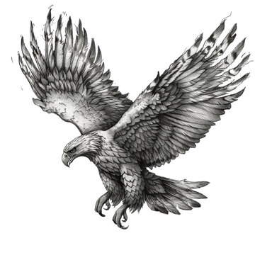 A black and white drawing of an eagle with its wings spread out