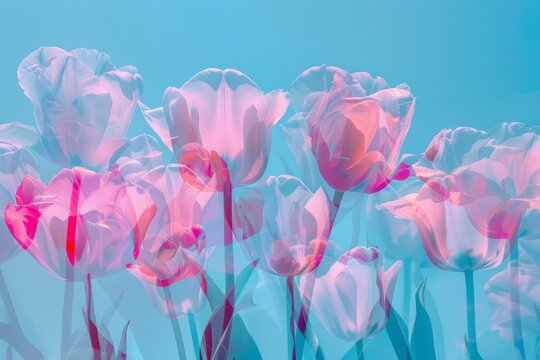 abstract holographic double exposure of roses and tulips, blue background, cyan magenta colors Generative AI