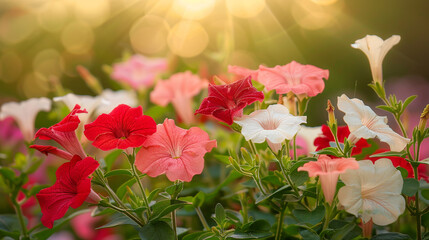 Flowerbed with bright red white petunias in the park in the rays of the sun. Floral banner. - obrazy, fototapety, plakaty