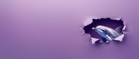 A playful dolphin appears to break through a torn, purple background creating a dynamic contrast