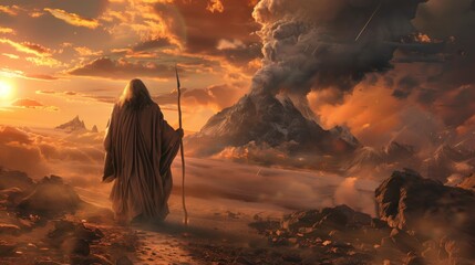 Fantasy landscape with cloaked figure and fiery volcanic eruption at sunset