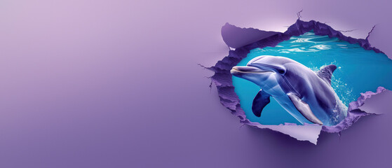 This image plays with the imagination, depicting a dolphin jumping through a surreal paper tear against a purple background