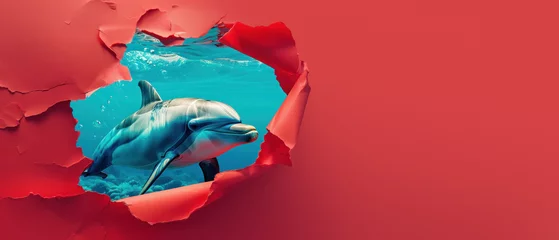 Foto op Aluminium A cheerful dolphin emerges from a hole in torn red paper, contrasting with the calming blue underwater world © Fxquadro