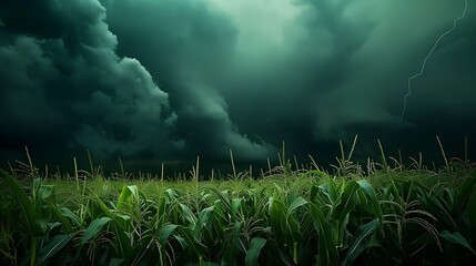 an image of a corn field under a dramatic stormy sky with AI, emphasizing the contrast between the...