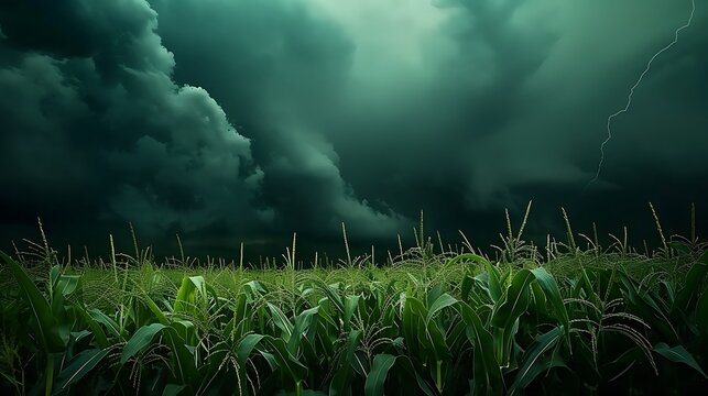 an image of a corn field under a dramatic stormy sky with AI, emphasizing the contrast between the vibrant green corn stalks and the ominous dark storm clouds attractive look