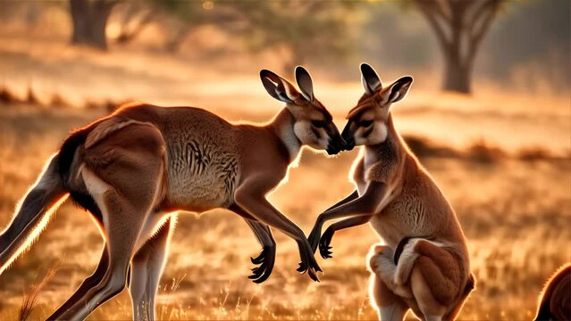 Two kangaroos engaged in a playful interaction during the golden hour, casting soft shadows on the Australian outback