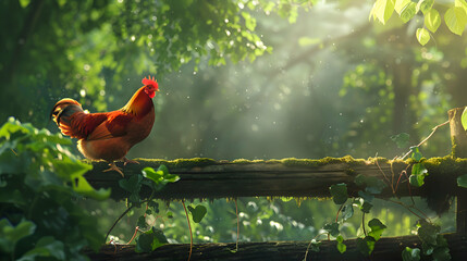 Majestic hen perched on a rustic fence, surrounded by lush greenery with soft sunlight filtering through the leaves