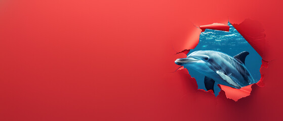 An eye-catching image of a dolphin appearing to break through vibrant red torn paper to the serene blue