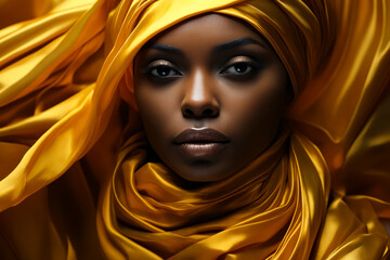 Woman with yellow scarf on her head and black face.