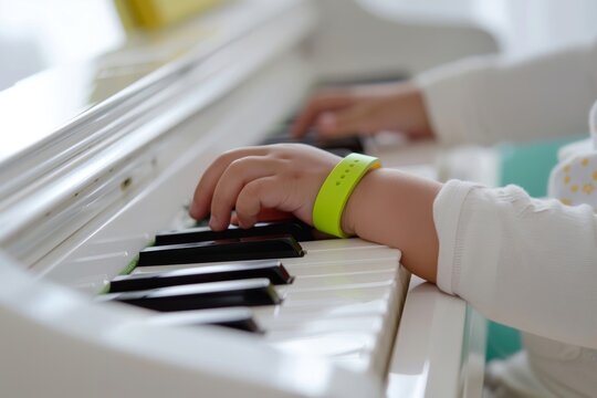 Child's hands skillfully playing on white piano keys in a music class