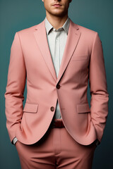 Man in pink suit and tie is posing for picture.