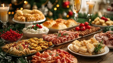 Christmas Dinner table full of dishes with food and snacks, New Year's decor with a Christmas tree on the background.