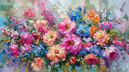 Semi-abstract oil paintings of pastel-colored flower bouquets