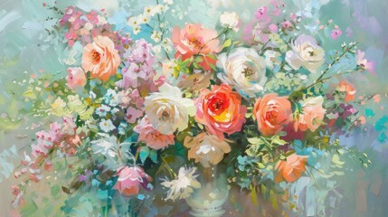 Vibrant garden with pastel-colored flowers in semi-abstract oil paintings