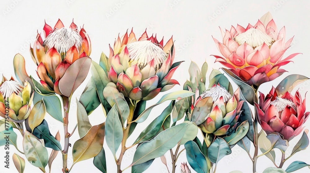 Wall mural serene landscape with colorful protea flowers against white background, exuding tranquility.