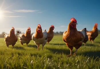 Fototapeta premium Chickens eating on green meadow. Group of chickens walking for food on the grass in backyard