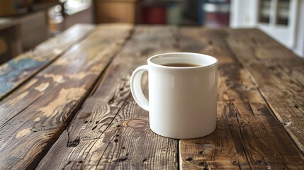 A smooth white ceramic mug sits alone on a rustic table.