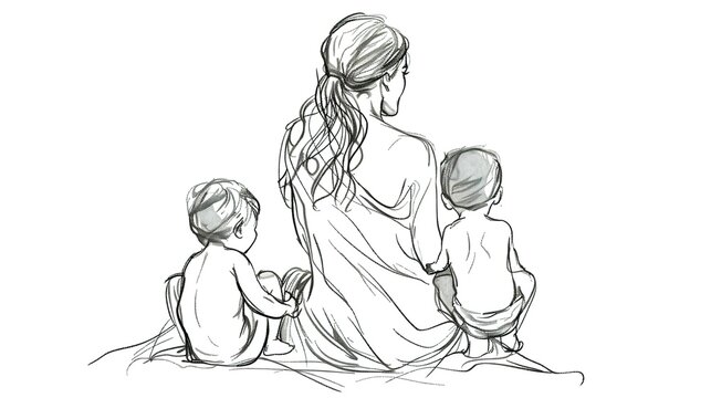 A mother with long, untied hair, no dress. with her two children