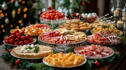 Fototapeta premium A festive table buffet with an assortment of snacks: sausages and cheeses, fruits and berries, against the backdrop of bokeh garlands. Concept: holiday menu and cooking, catering services.