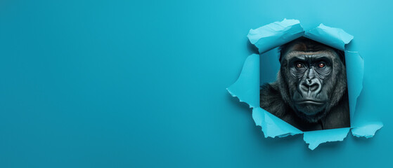 A captivating portrayal of a gorilla's face peering through a torn paper hole on a uniform blue backdrop