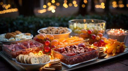 A festive table buffet with an assortment of snacks: sausages and cheeses, fruits and berries, against the backdrop of bokeh garlands.
Concept: holiday menu and cooking, catering services. - obrazy, fototapety, plakaty