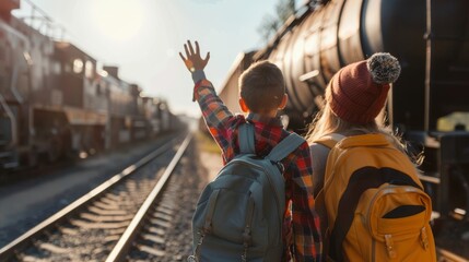 Fototapeta premium Family farewell at train station, children waving goodbye to departing train